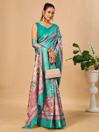 Teal Blue Soft Tussar Silk Saree with Pen Kalamkari Digital Prints