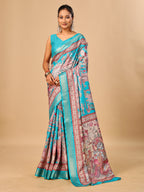 Blue Soft Tussar Silk Saree with Pen Kalamkari Digital Prints
