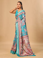 Blue Soft Tussar Silk Saree with Pen Kalamkari Digital Prints