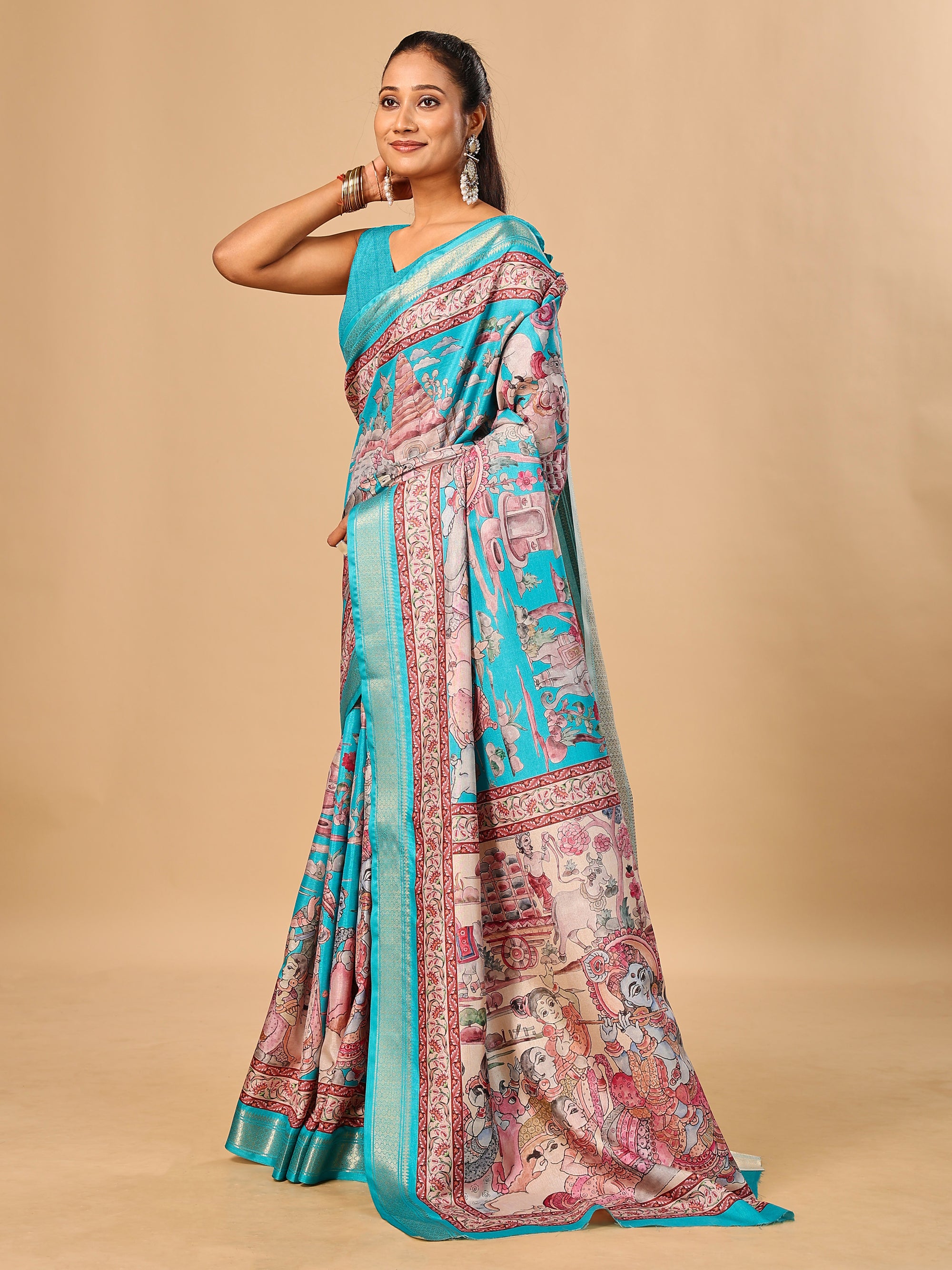 Blue Soft Tussar Silk Saree with Pen Kalamkari Digital Prints