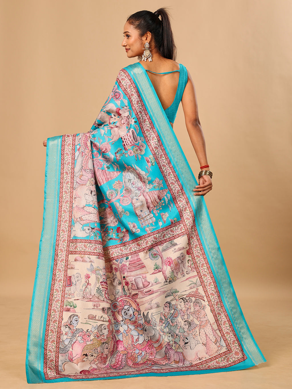 Blue Soft Tussar Silk Saree with Pen Kalamkari Digital Prints