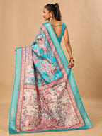 Blue Soft Tussar Silk Saree with Pen Kalamkari Digital Prints