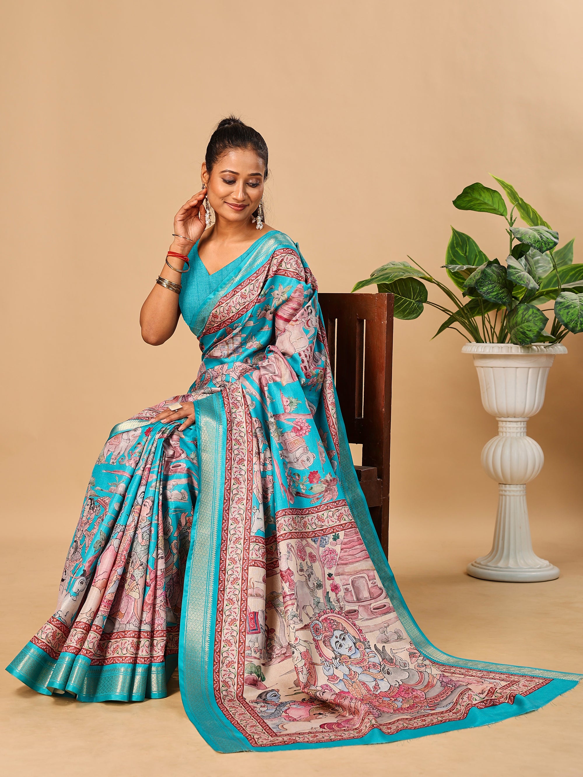 Blue Soft Tussar Silk Saree with Pen Kalamkari Digital Prints