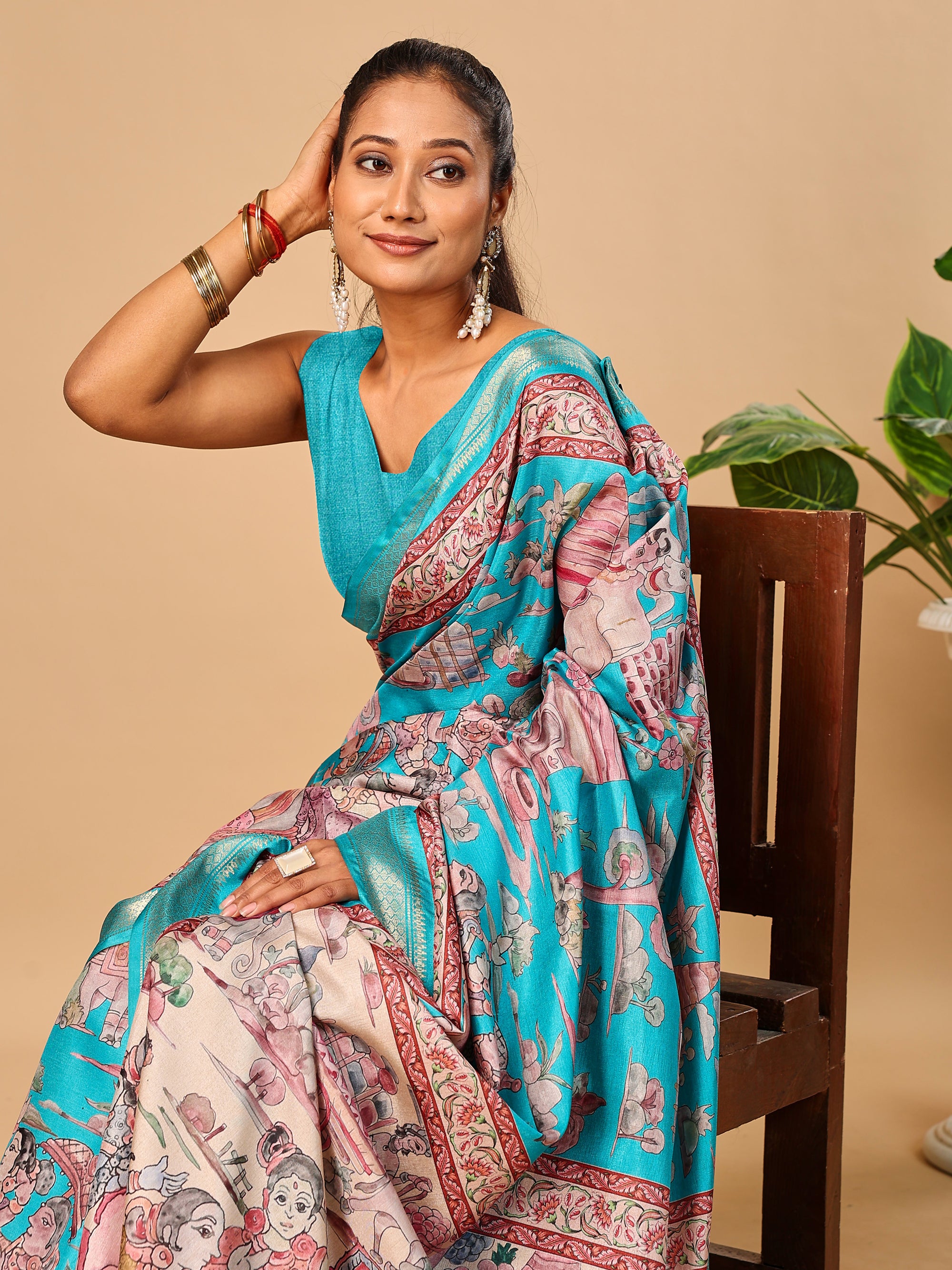 Blue Soft Tussar Silk Saree with Pen Kalamkari Digital Prints
