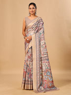 Cream Soft Tussar Silk Saree with Pen Kalamkari Digital Prints