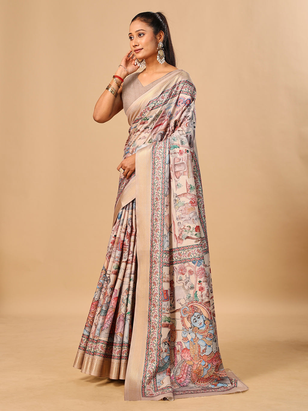 Cream Soft Tussar Silk Saree with Pen Kalamkari Digital Prints