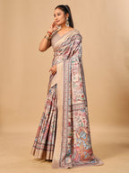 Cream Soft Tussar Silk Saree with Pen Kalamkari Digital Prints