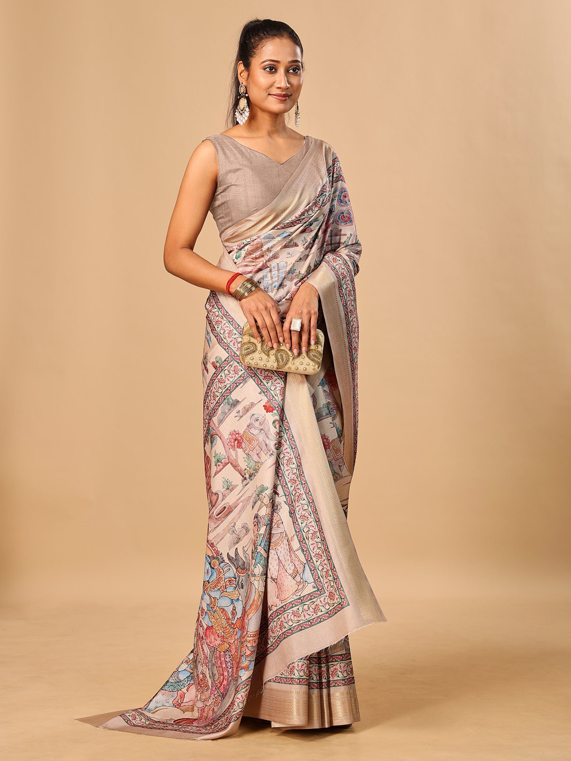 Cream Soft Tussar Silk Saree with Pen Kalamkari Digital Prints