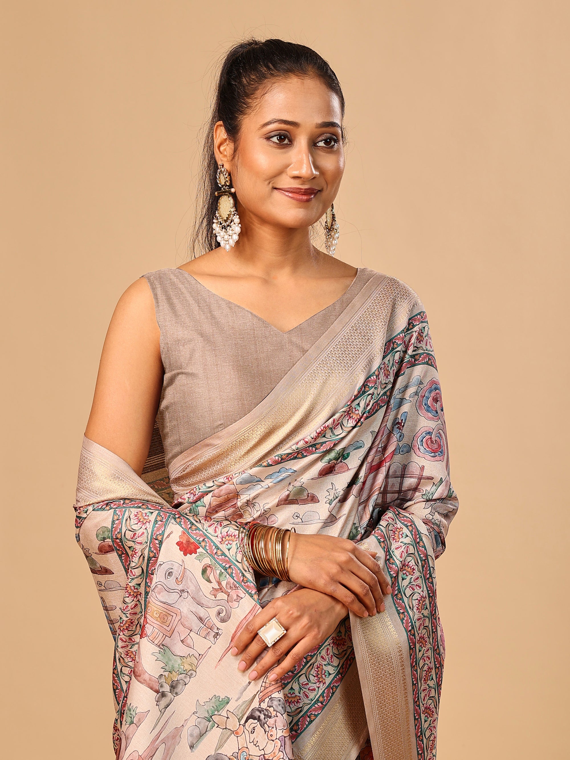 Cream Soft Tussar Silk Saree with Pen Kalamkari Digital Prints