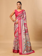 Hot Pink Soft Tussar Silk Saree with Pen Kalamkari Digital Prints