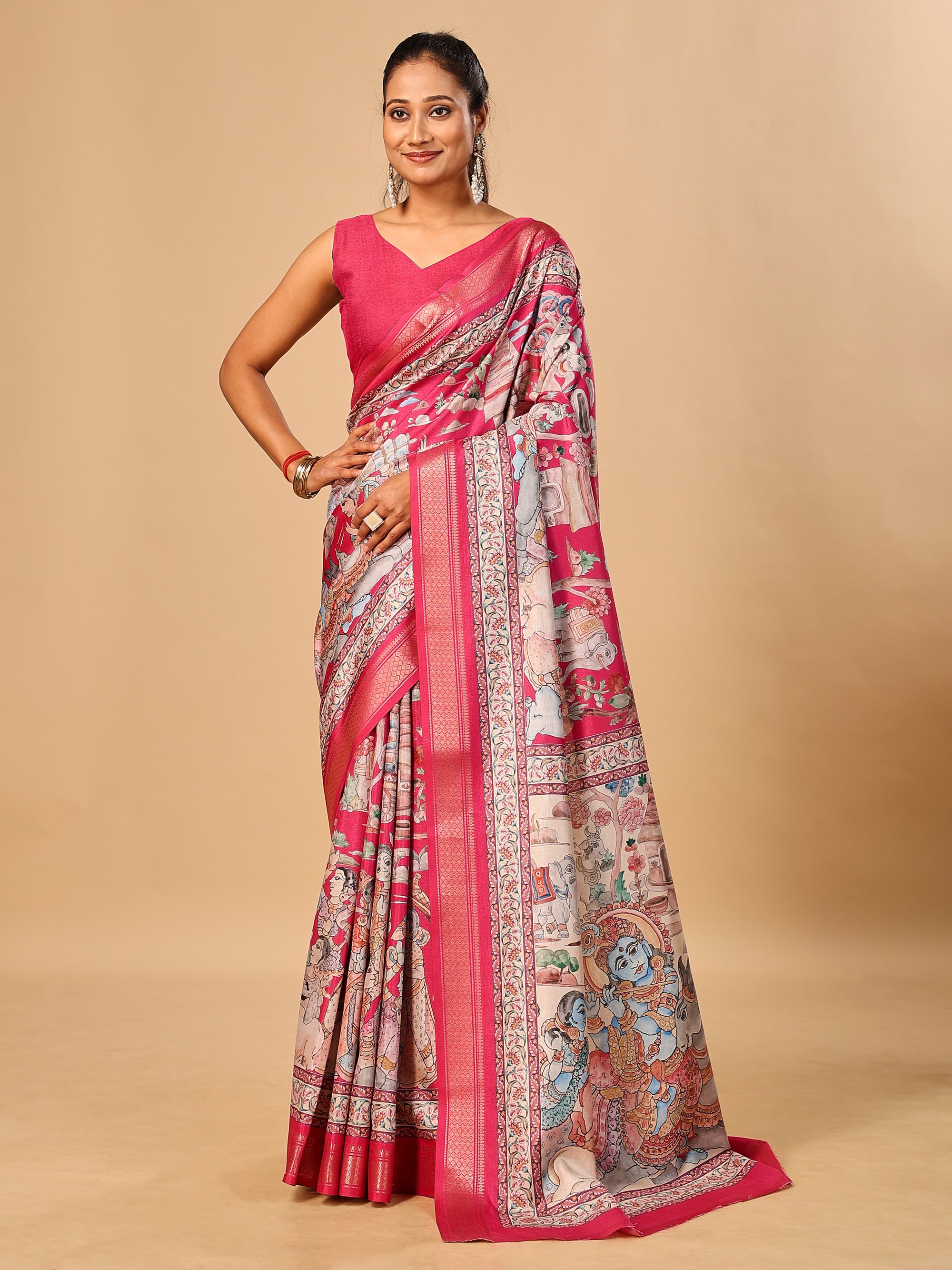 Hot Pink Soft Tussar Silk Saree with Pen Kalamkari Digital Prints