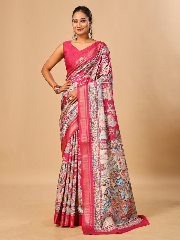 Hot Pink Soft Tussar Silk Saree with Pen Kalamkari Digital Prints