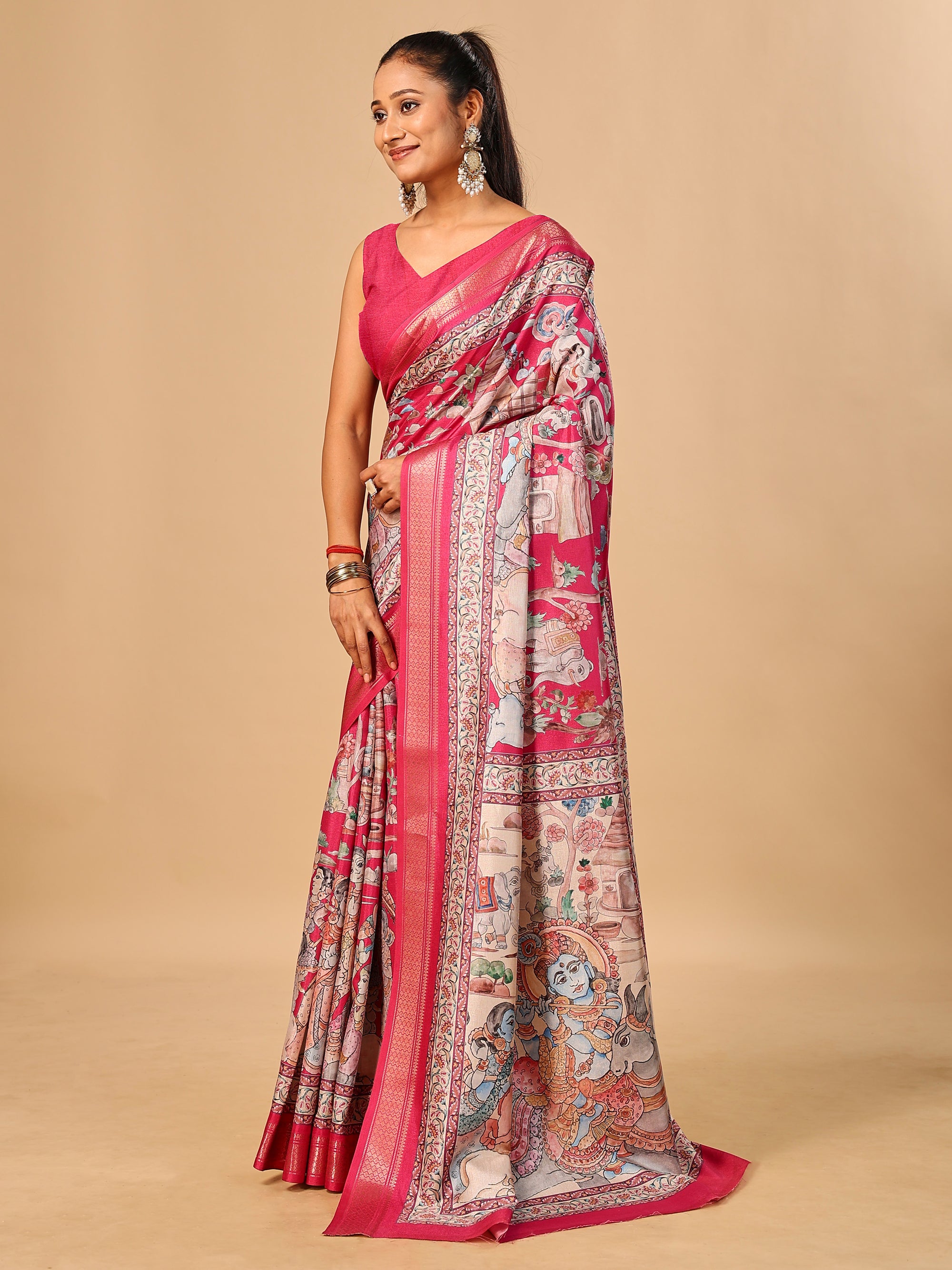 Hot Pink Soft Tussar Silk Saree with Pen Kalamkari Digital Prints