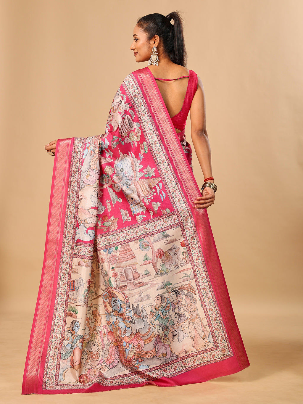 Hot Pink Soft Tussar Silk Saree with Pen Kalamkari Digital Prints