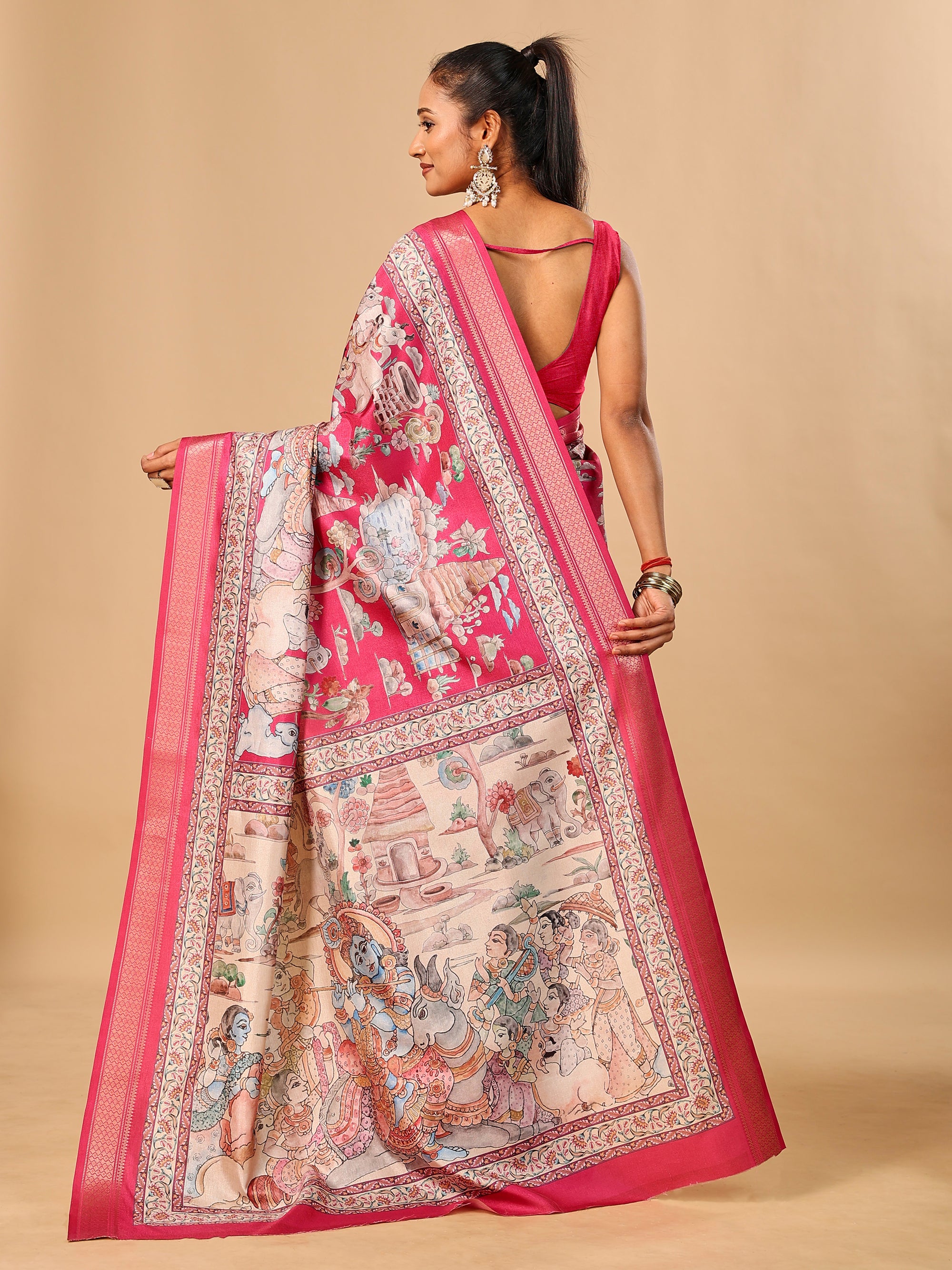 Hot Pink Soft Tussar Silk Saree with Pen Kalamkari Digital Prints