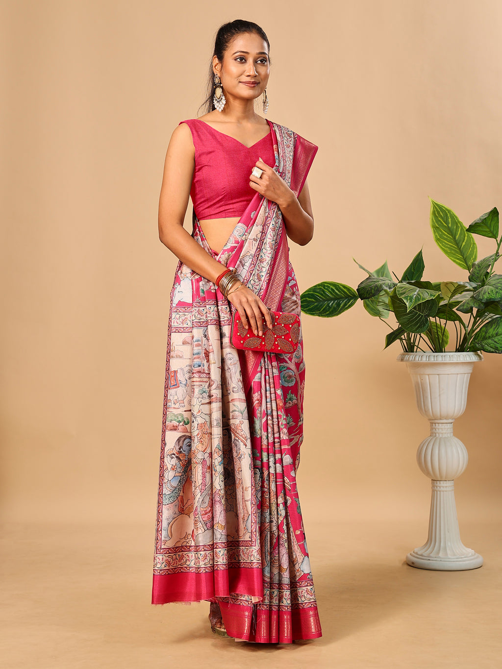 Hot Pink Soft Tussar Silk Saree with Pen Kalamkari Digital Prints