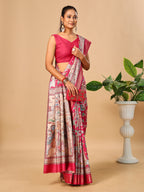 Hot Pink Soft Tussar Silk Saree with Pen Kalamkari Digital Prints