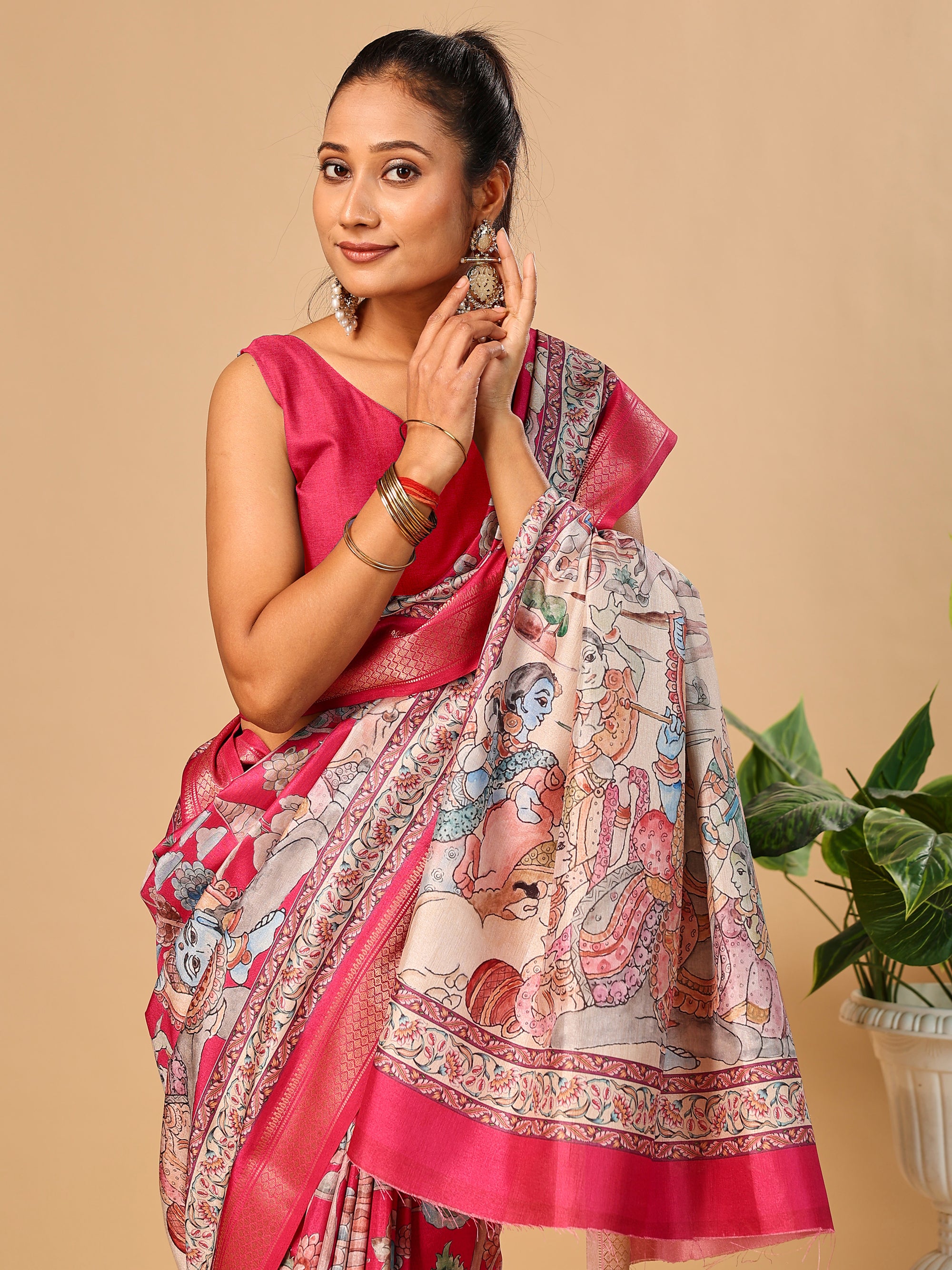 Hot Pink Soft Tussar Silk Saree with Pen Kalamkari Digital Prints