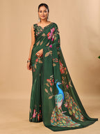 Green Soft Crepe Silk Saree with Peacock & Floral Digital Prints