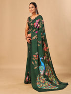 Green Soft Crepe Silk Saree with Peacock & Floral Digital Prints