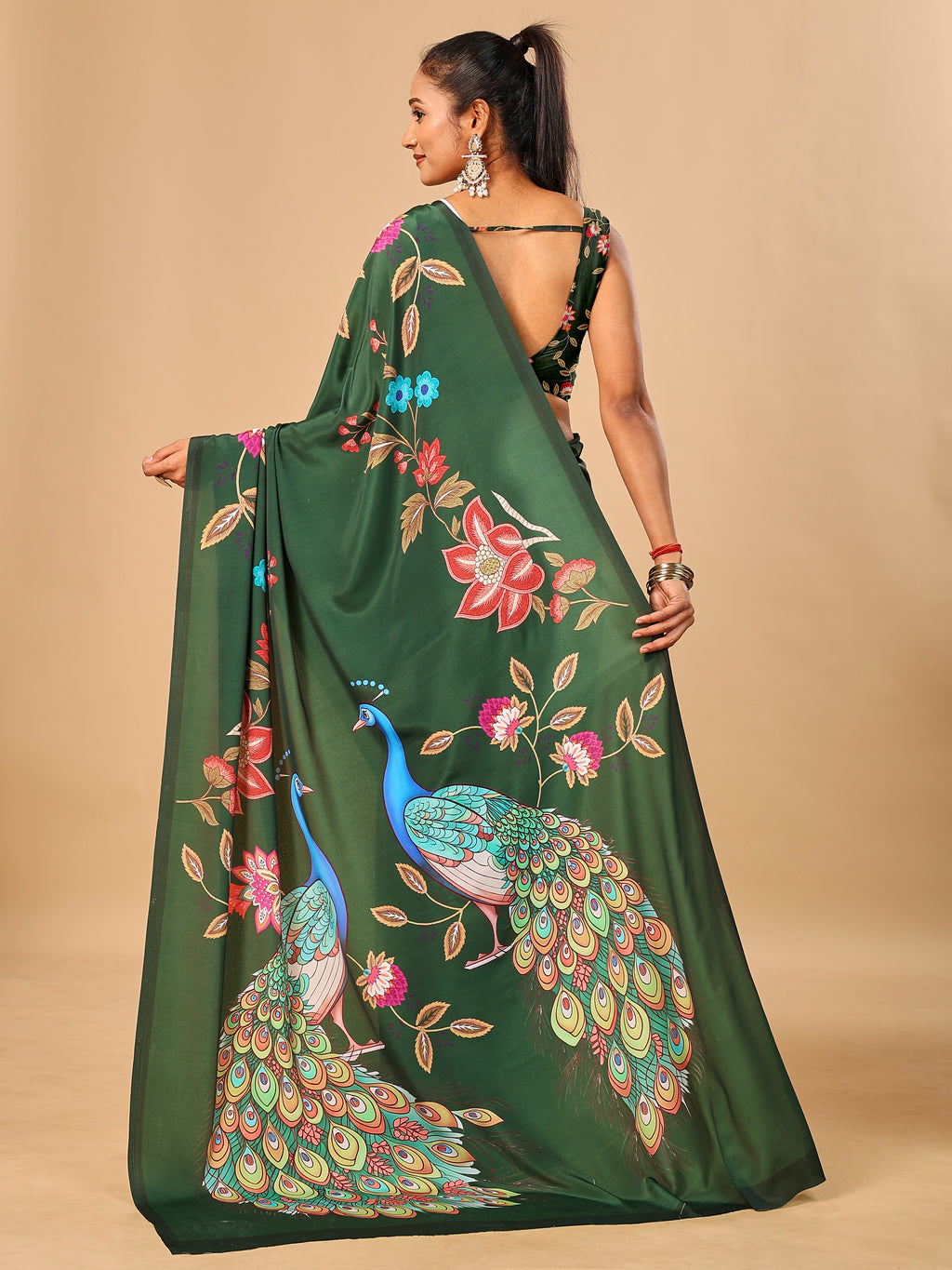 Green Soft Crepe Silk Saree with Peacock & Floral Digital Prints