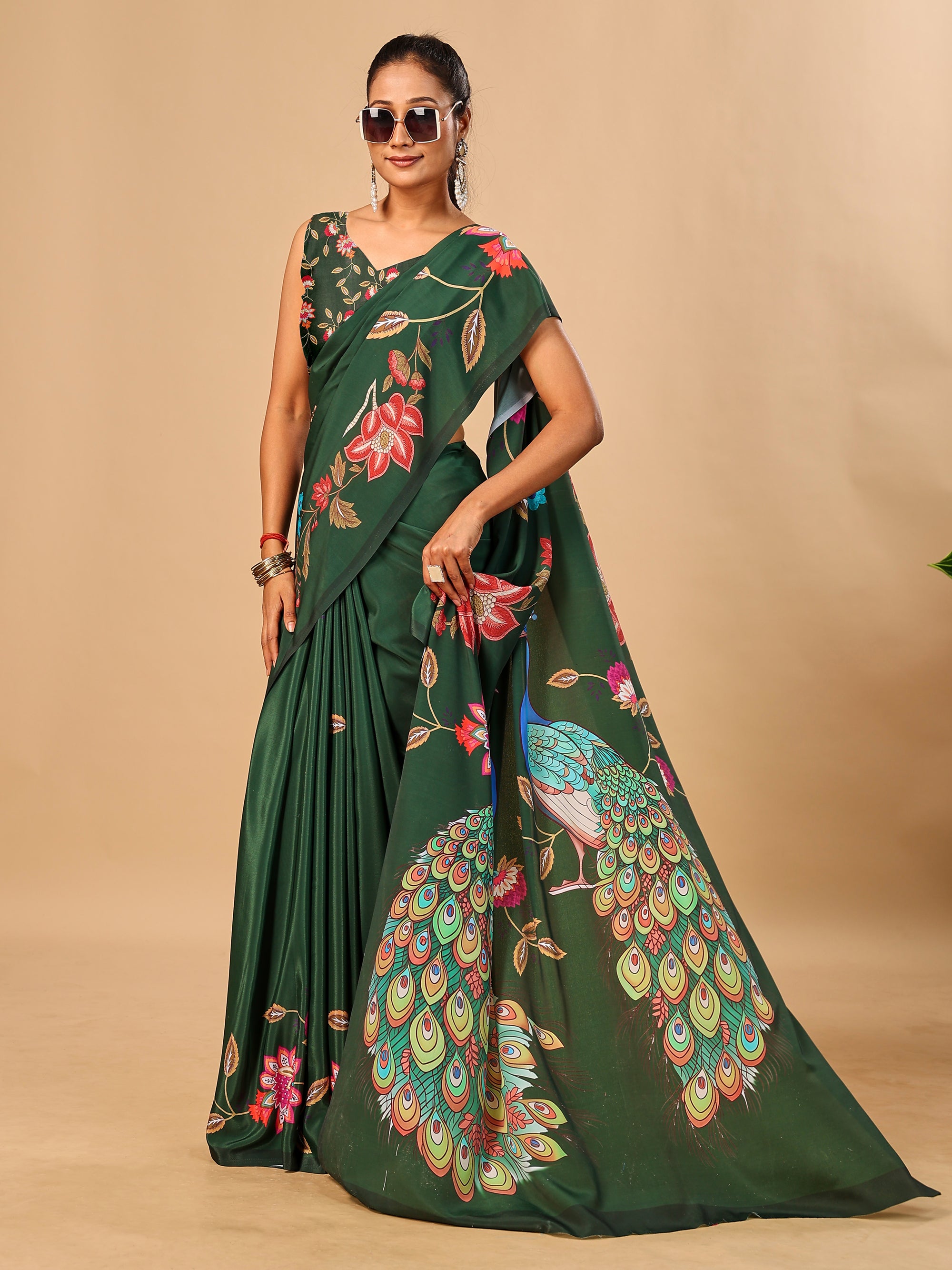 Green Soft Crepe Silk Saree with Peacock & Floral Digital Prints