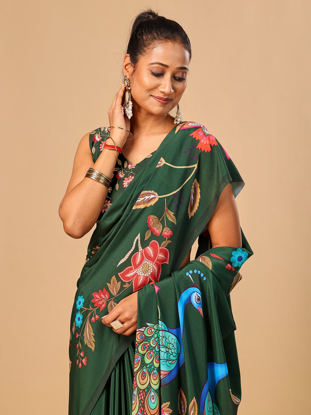 Green Soft Crepe Silk Saree with Peacock & Floral Digital Prints