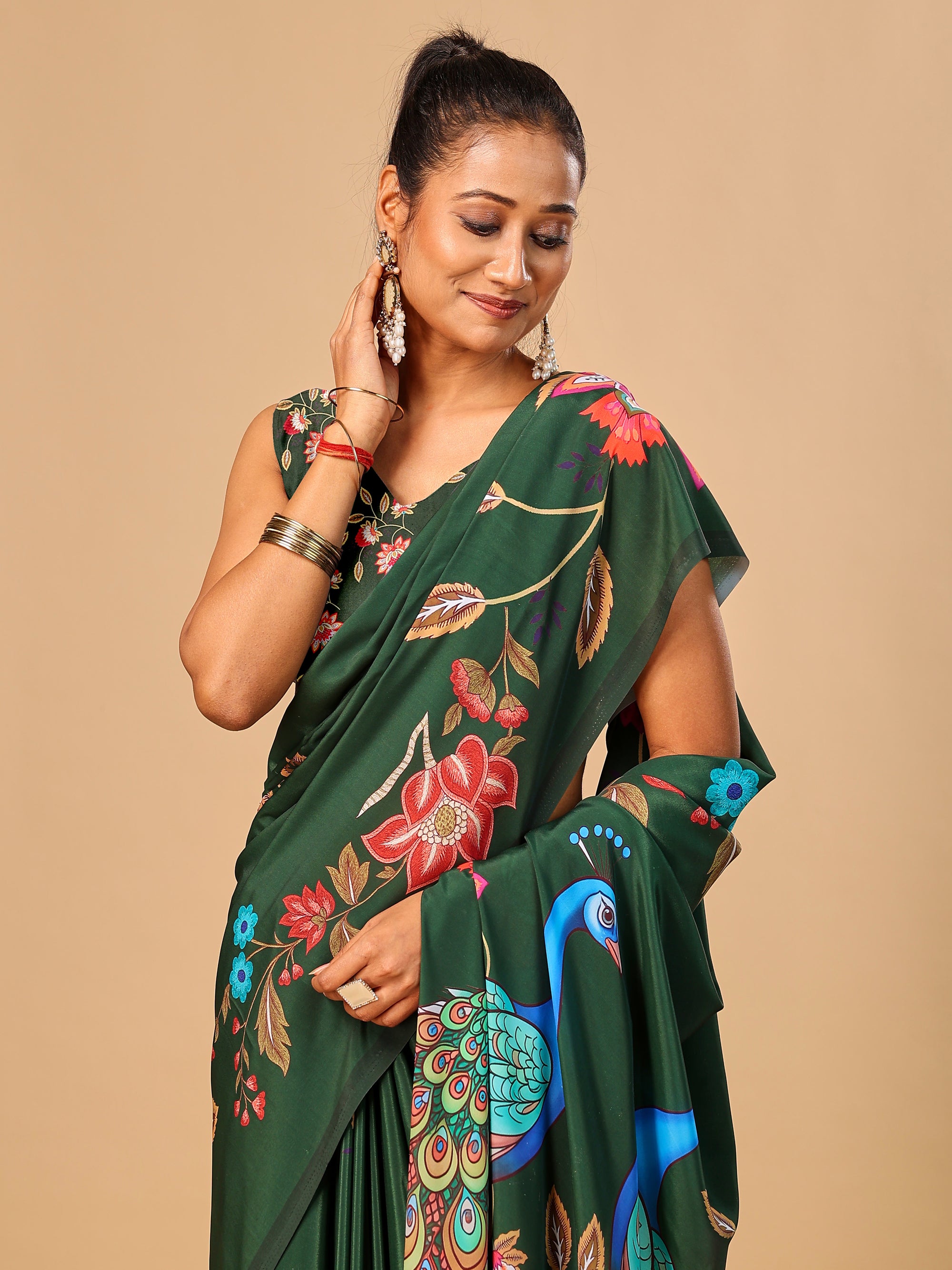 Green Soft Crepe Silk Saree with Peacock & Floral Digital Prints