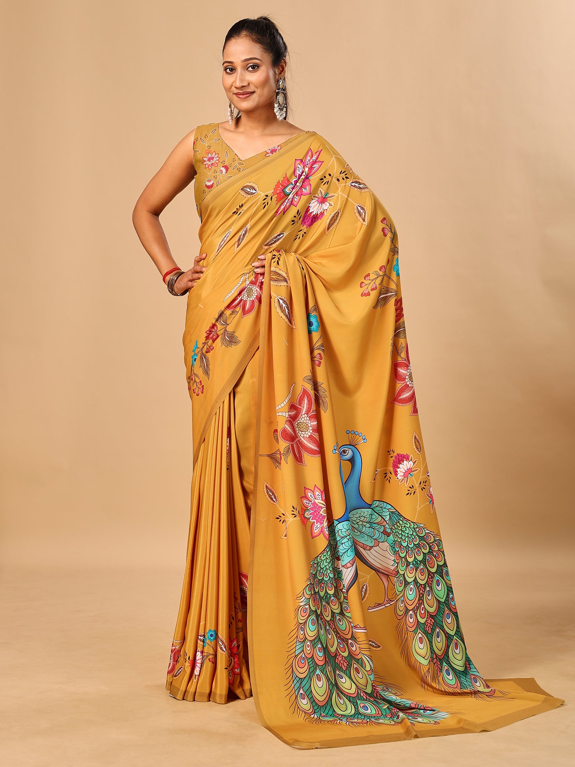 Mustard Soft Crepe Silk Saree with Peacock & Floral Digital Prints
