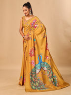 Mustard Soft Crepe Silk Saree with Peacock & Floral Digital Prints