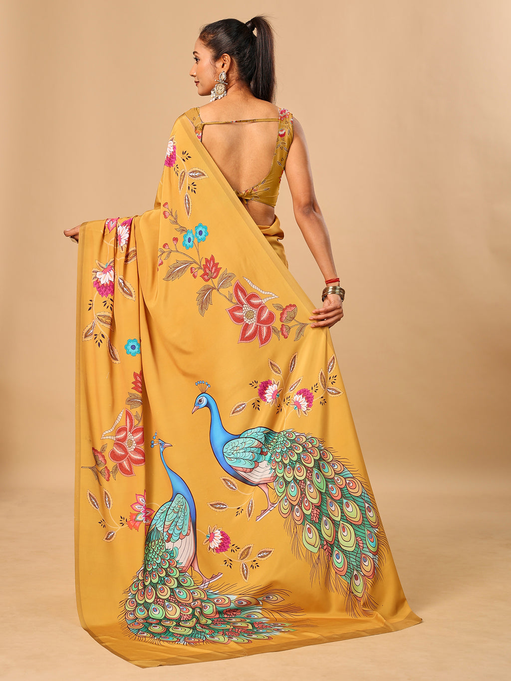 Mustard Soft Crepe Silk Saree with Peacock & Floral Digital Prints