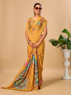 Mustard Soft Crepe Silk Saree with Peacock & Floral Digital Prints