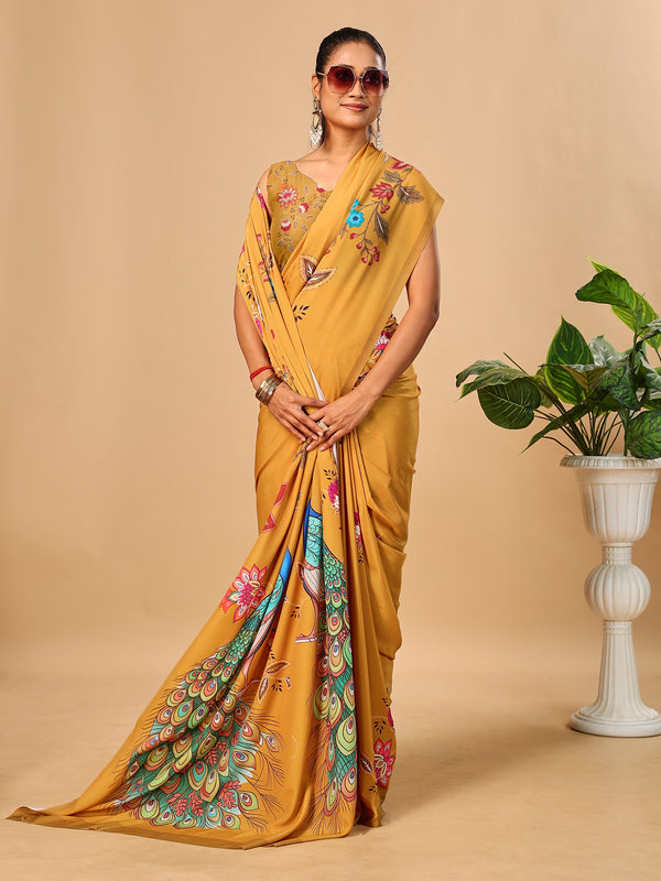 Mustard Soft Crepe Silk Saree with Peacock & Floral Digital Prints
