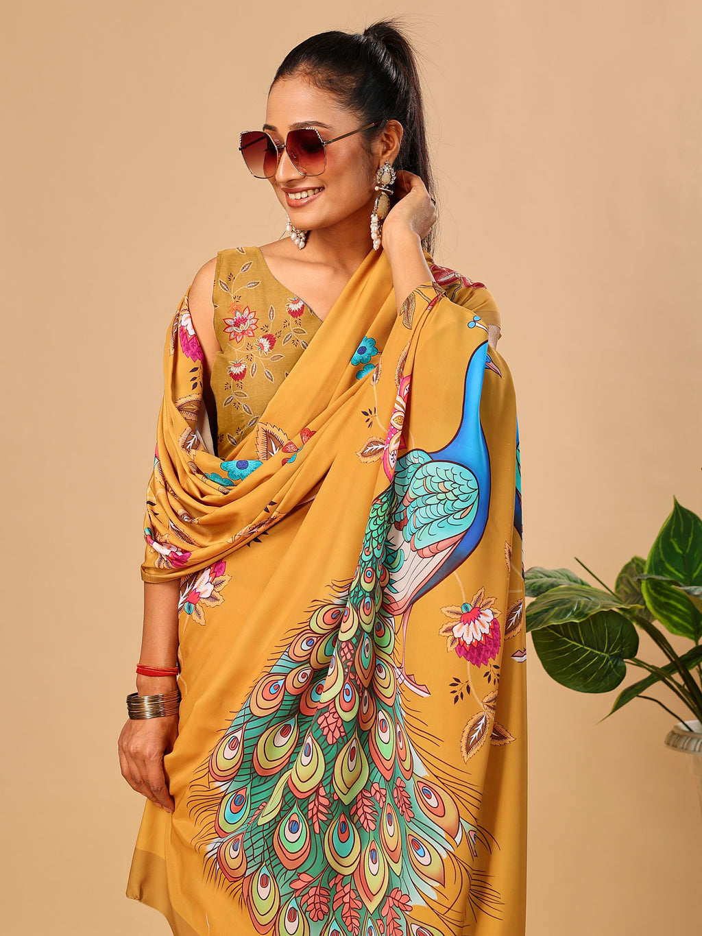 Mustard Soft Crepe Silk Saree with Peacock & Floral Digital Prints