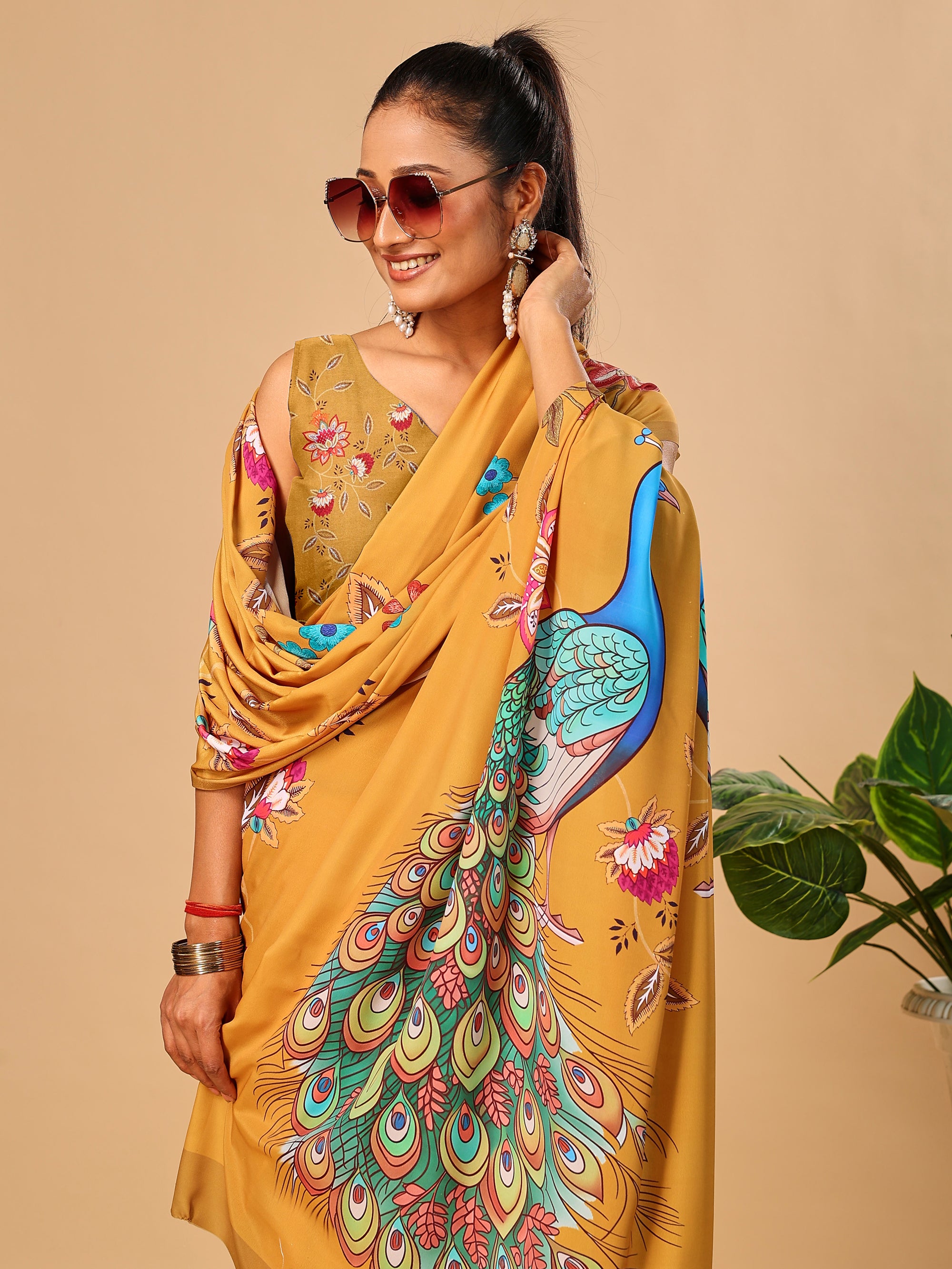 Mustard Soft Crepe Silk Saree with Peacock & Floral Digital Prints