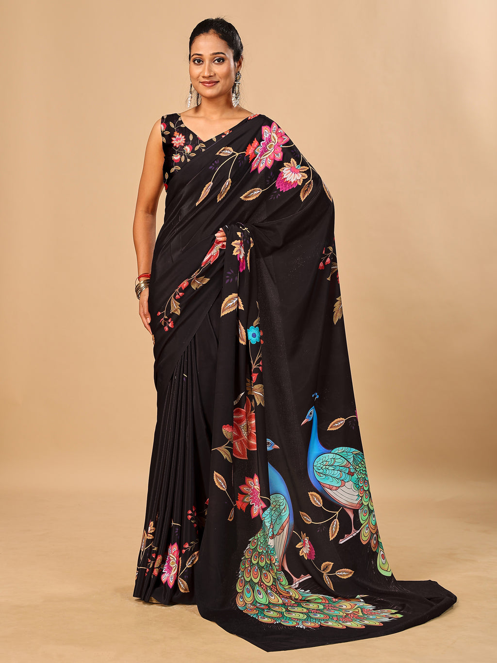 Black Soft Crepe Silk Saree with Peacock & Floral Digital Prints