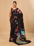 Black Soft Crepe Silk Saree with Peacock & Floral Digital Prints