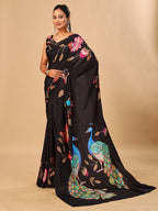 Black Soft Crepe Silk Saree with Peacock & Floral Digital Prints