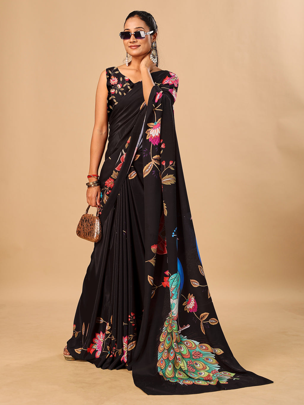 Black Soft Crepe Silk Saree with Peacock & Floral Digital Prints