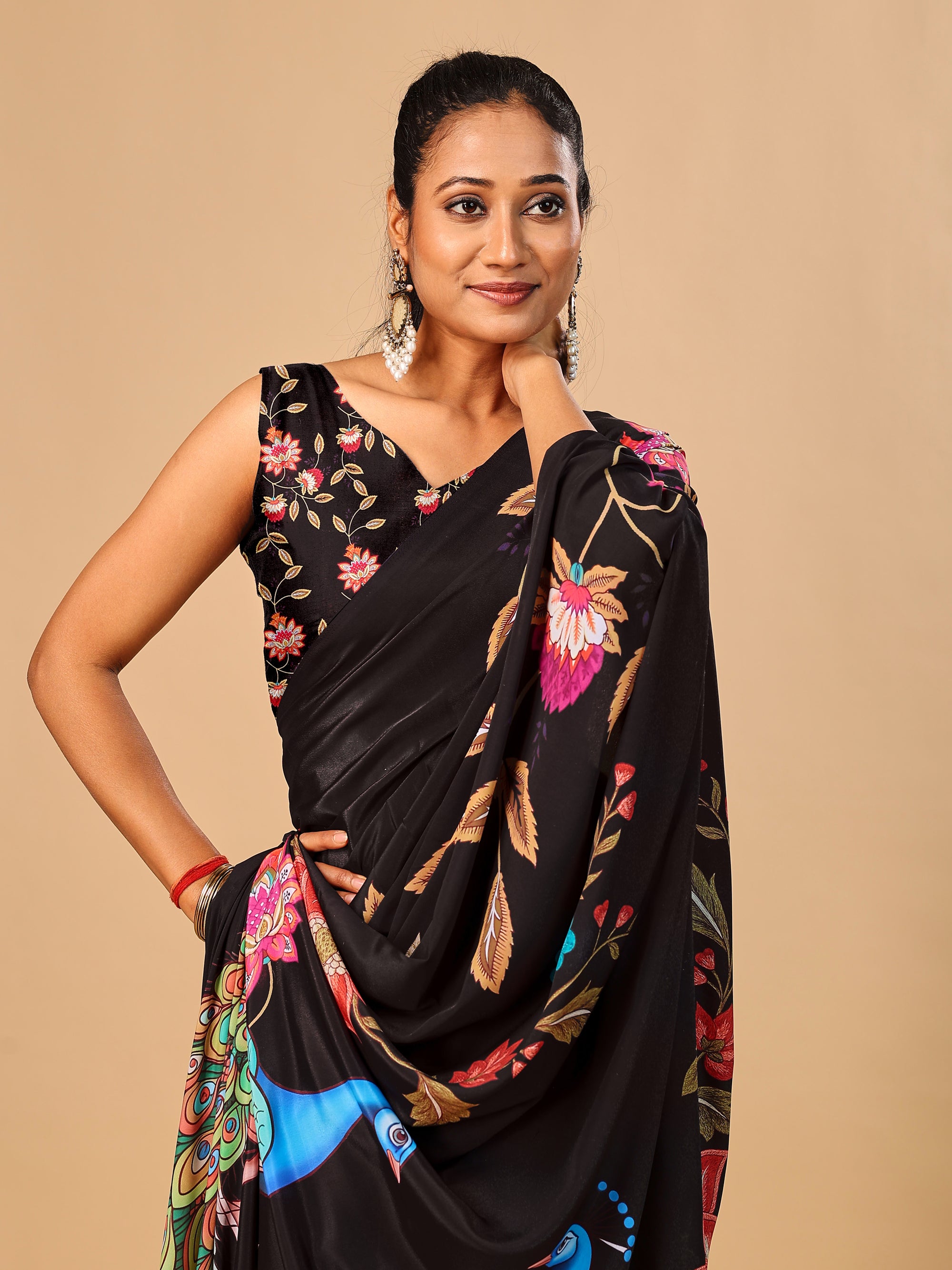 Black Soft Crepe Silk Saree with Peacock & Floral Digital Prints