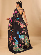 Black Soft Crepe Silk Saree with Peacock & Floral Digital Prints