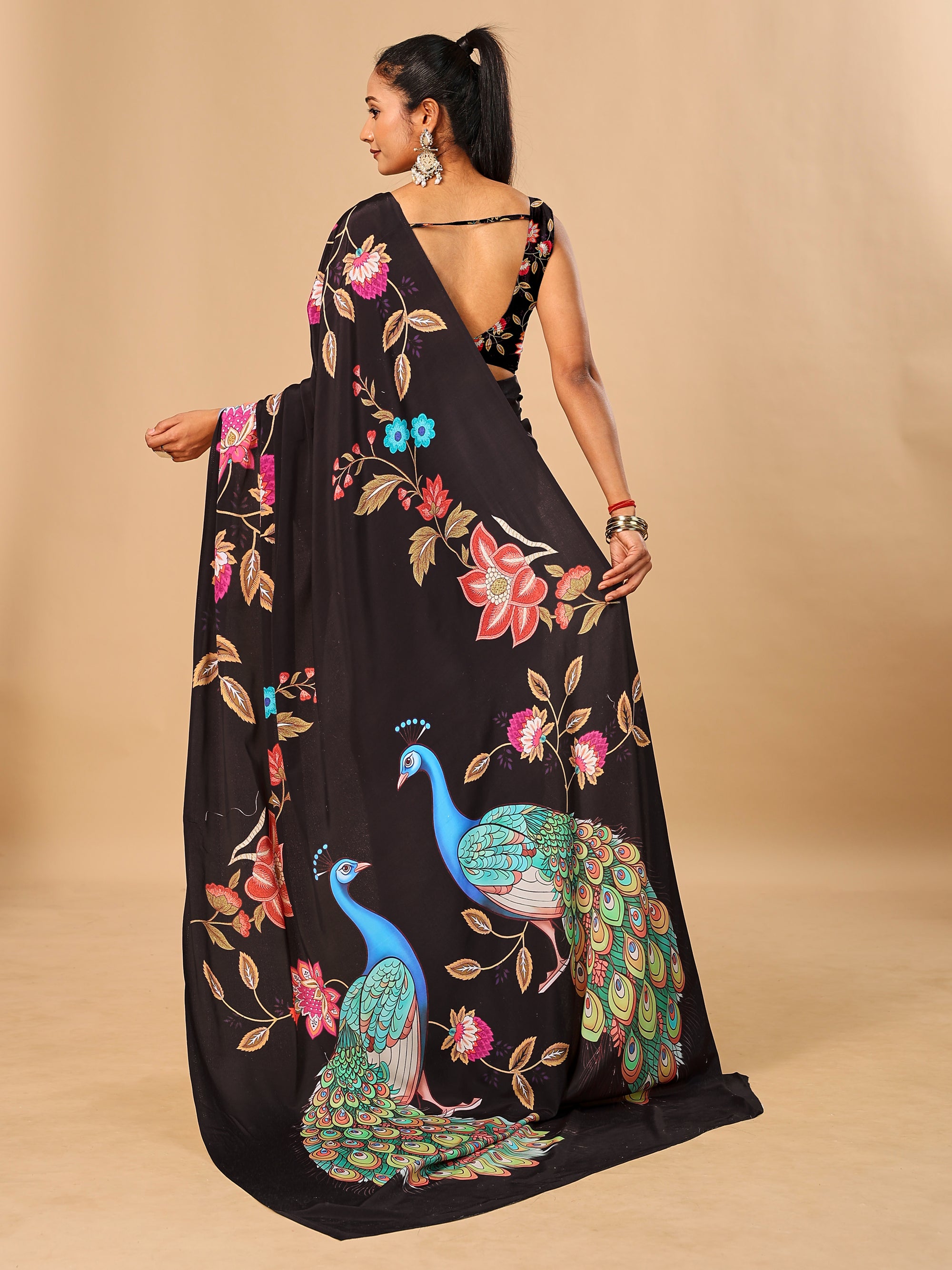 Black Soft Crepe Silk Saree with Peacock & Floral Digital Prints