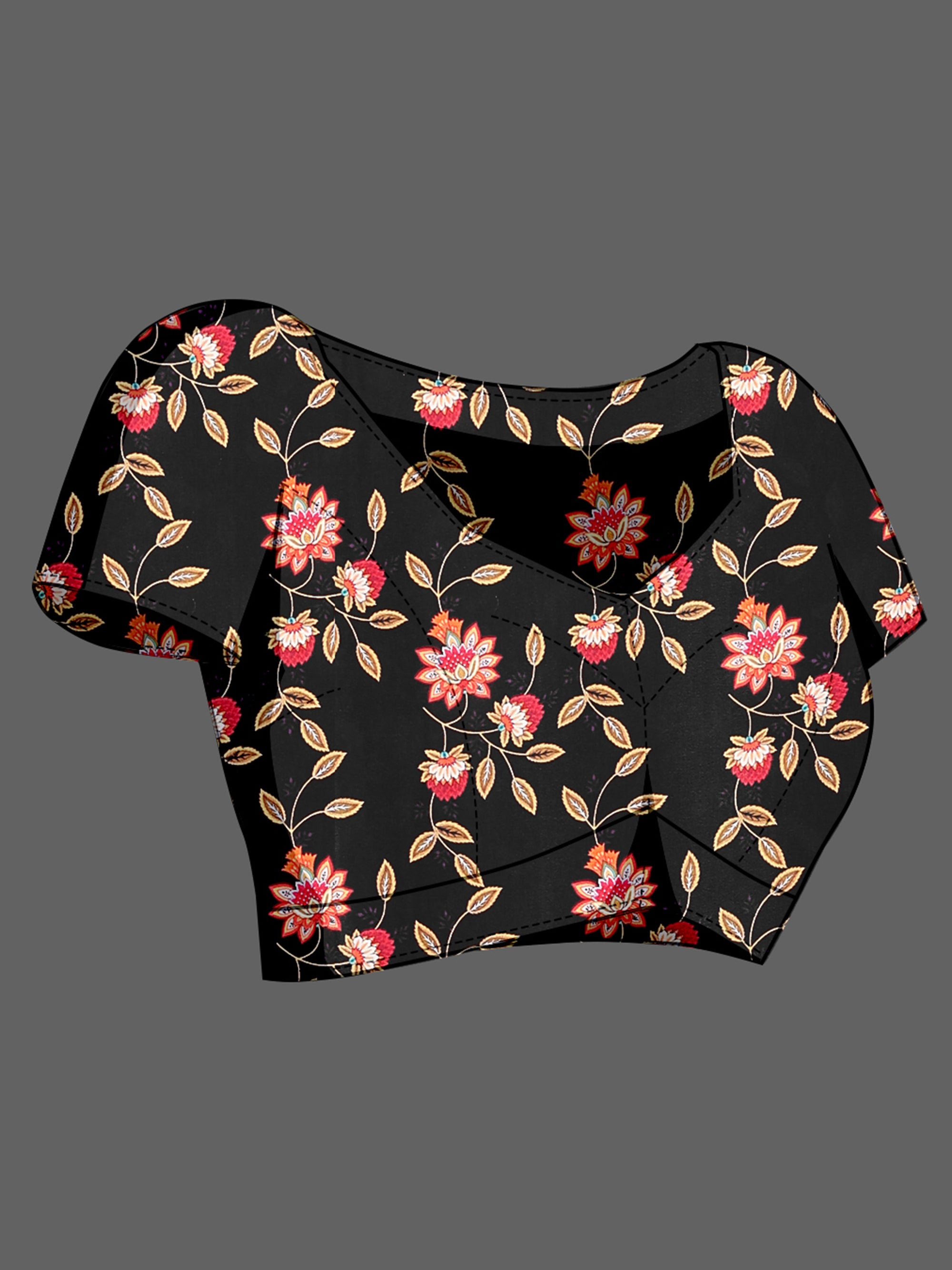 Black Soft Crepe Silk Saree with Peacock & Floral Digital Prints