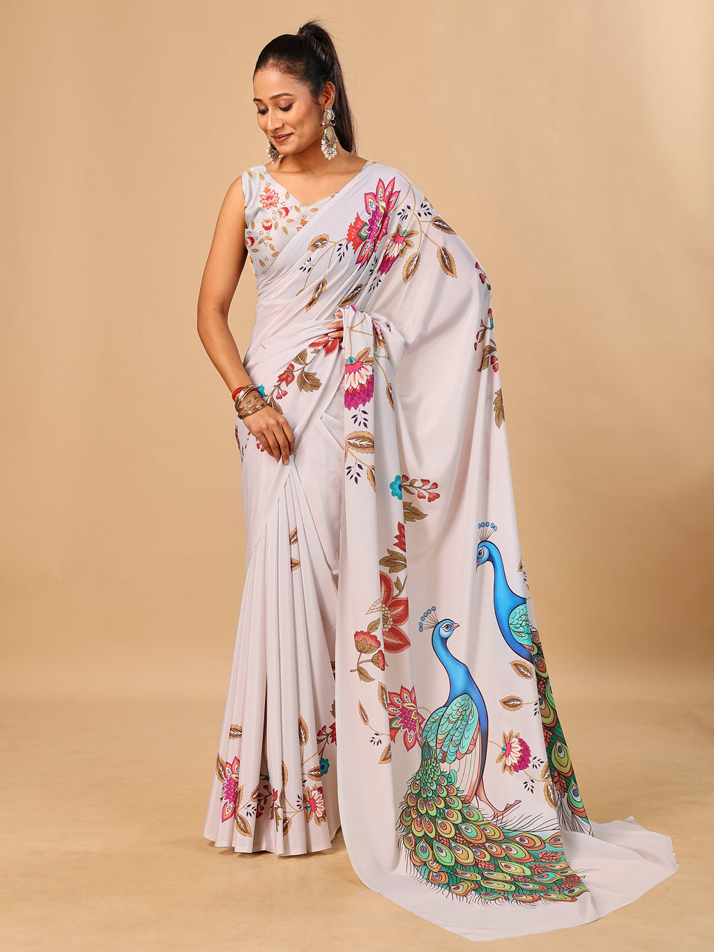 Off White Soft Crepe Silk Saree with Peacock & Floral Digital Prints