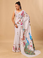Off White Soft Crepe Silk Saree with Peacock & Floral Digital Prints