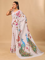 Off White Soft Crepe Silk Saree with Peacock & Floral Digital Prints