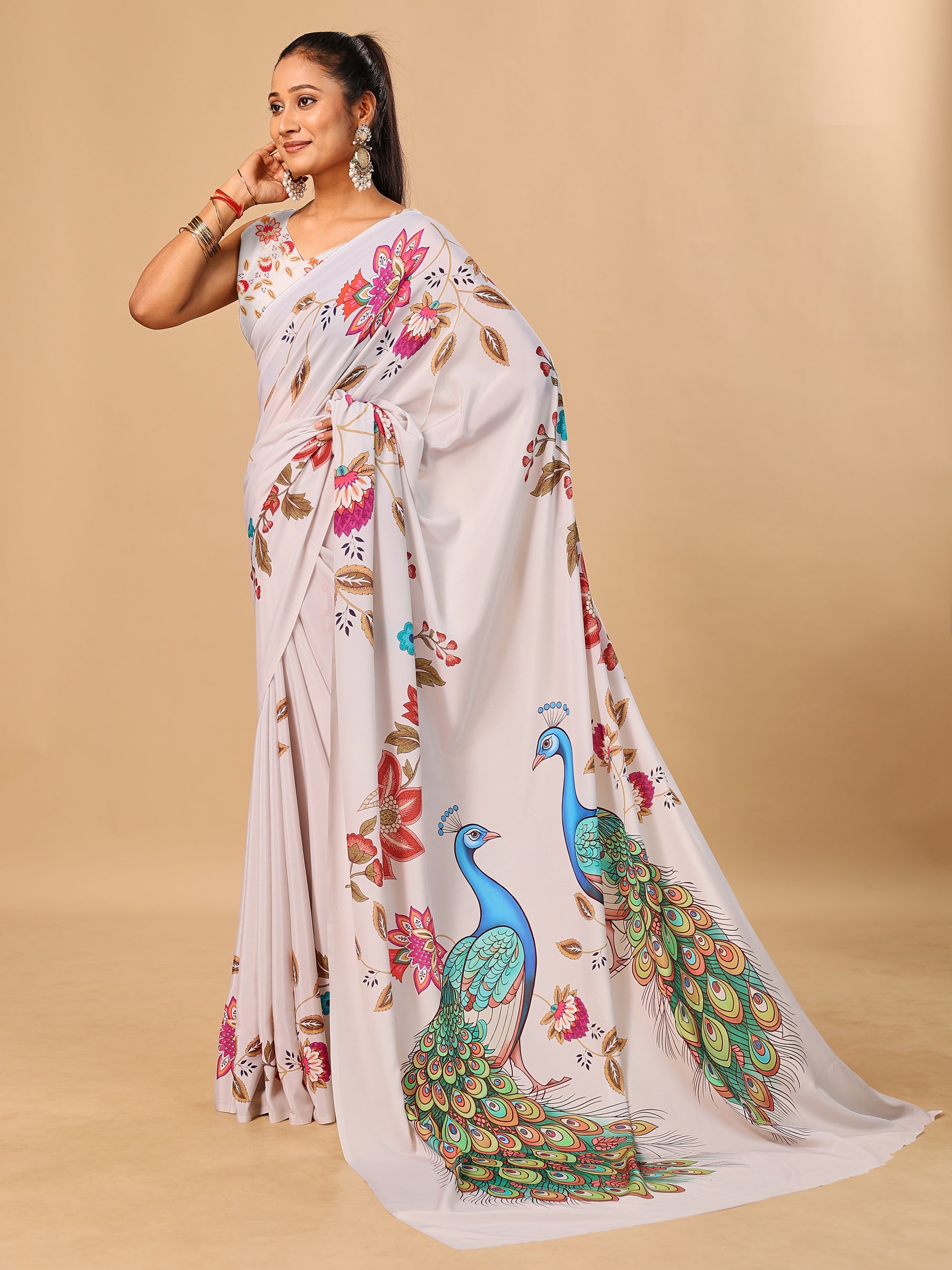 Off White Soft Crepe Silk Saree with Peacock & Floral Digital Prints