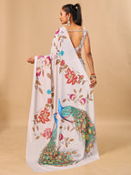 Off White Soft Crepe Silk Saree with Peacock & Floral Digital Prints