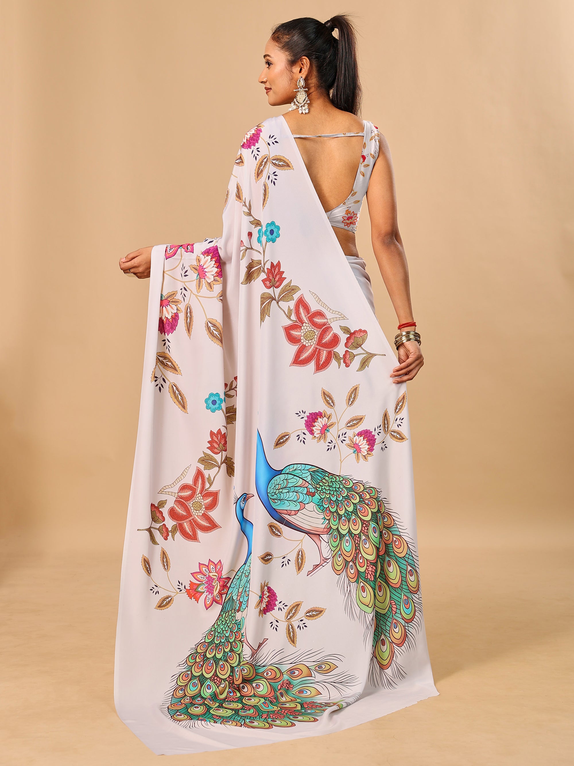 Off White Soft Crepe Silk Saree with Peacock & Floral Digital Prints