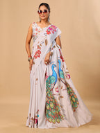 Off White Soft Crepe Silk Saree with Peacock & Floral Digital Prints
